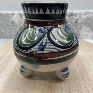 Signed Authentic Tonala Mexican Round Footed Bowl Pot Vase Hand Painted Pottery